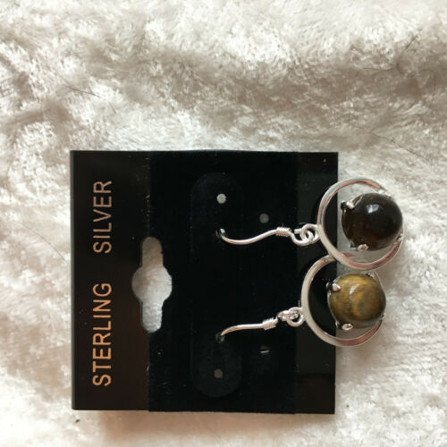 natural tiger eye gemstone sterling silver dangle earrings