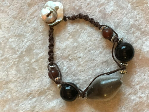 Natural Wood and Shell Beaded Macrame Bracelet