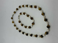 Natural Tiger Eye and Pearl Gemstone Round Beaded Necklace and Bracelet Set