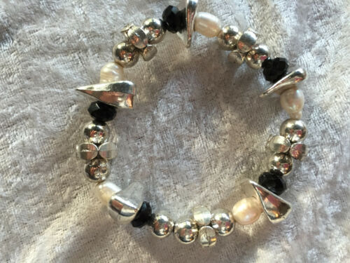 Natural Black Pearl and Silver Beaded Stretch Bracelet