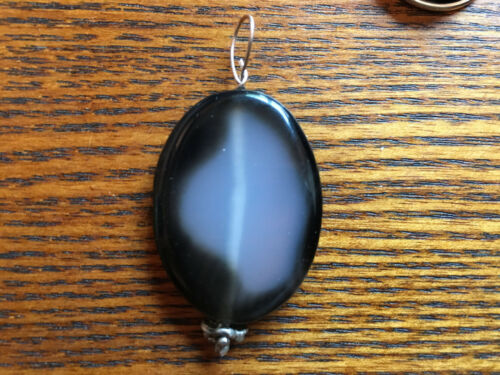 Natural Black Agate Gemstone Flat Oval Pendant