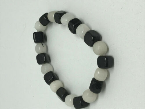 natural blackstone and snow quartz gemstone cubes beaded bracelet