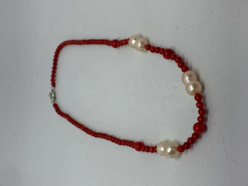 Natural Red Coral And Pink Pearl Gemstone Beaded Necklace