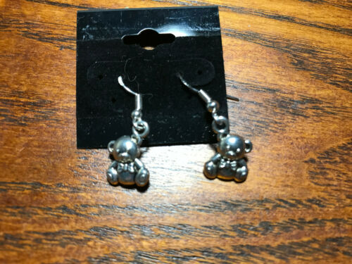 dainty silvertone teddy bear dangle charm earrings with sterling silver hooks