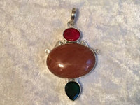 Natural Red Onyx Garnet and Green Tourmaline Gemstone Sterling Silver Pendant