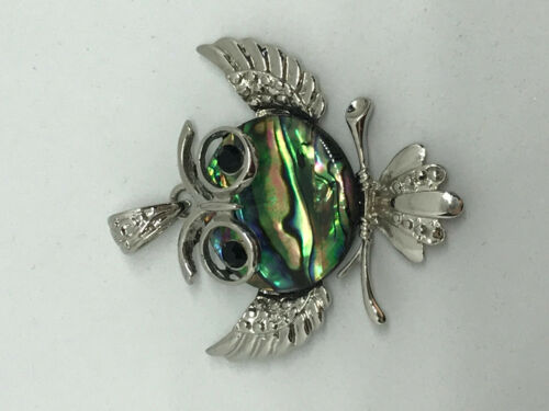 Natural Abalone Shell and Silvertone Owl Pendant