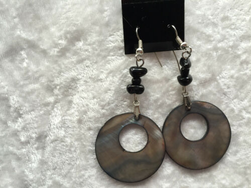 Natural Black Onyx and Mother of Pearl Bold Dangle Earrings