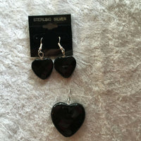 natural black onyx gemstone faceted heart pendant and sterling silver earrings