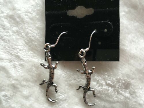 Silvertone Gecko Lizard Charm Dangle Earrings with Sterling Silver Hooks