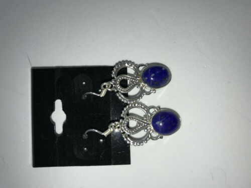 natural lapis gemstone oval ornate sterling silver earrings