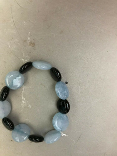 natural black onyx and angelite gemstone puffy coins beaded stretch bracelet