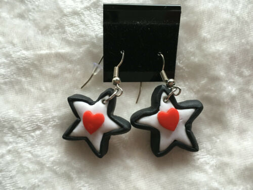 Polymer Clay Red White and Black Star and Heart Dangle Earrings