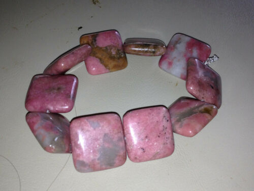 natural rodonite gemstone puffed squares beaded stretch bracelet