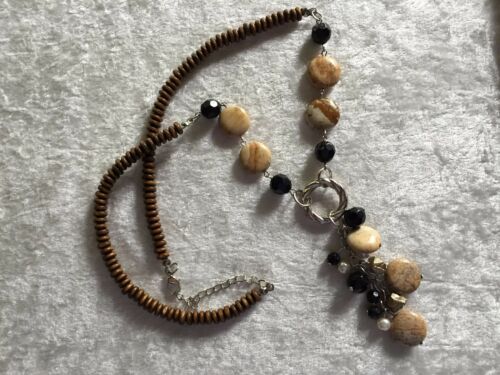 Wood, Picture Jasper Gemstone, and Pearl 20"-22" Adjustable Beaded Necklace