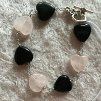 Natural Black Onyx, Rose Quartz, Or Alternating Gemstone heart Link Bracelet