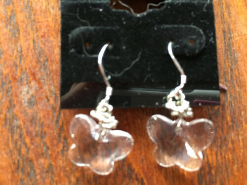 Sparkling clear glass faceted butterfly sterling silver dangle earrings