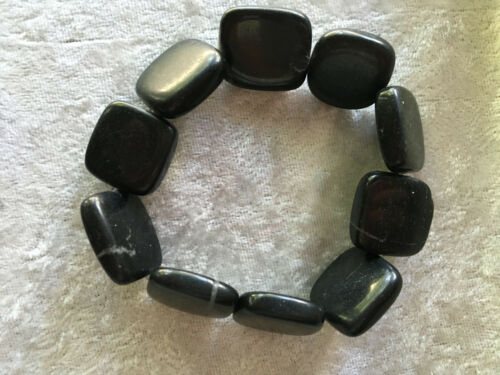 natural blackstone gemstone flat squares beaded stretch bracelet