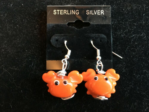 Orange Lampworked Glass Crab Sterling Silver Dangle Earrings