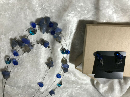 blue agate gemstone beaded 3 strand adjustable necklace and dangle earrings set