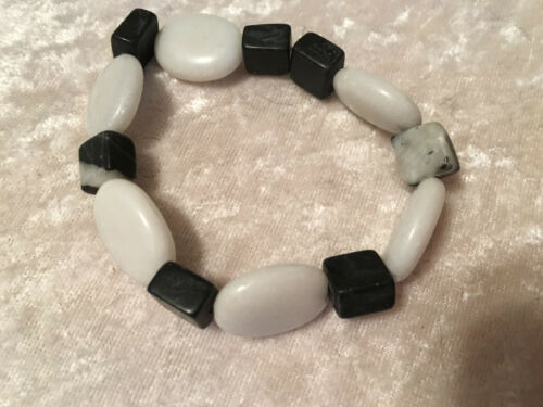 Blackstone and Snow Quartz Gemstone Beaded Stretch Bracelet