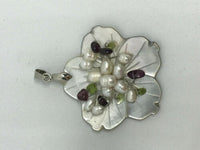 Natural Shell Flower Pendant with Garnet Peridot and Pearl
