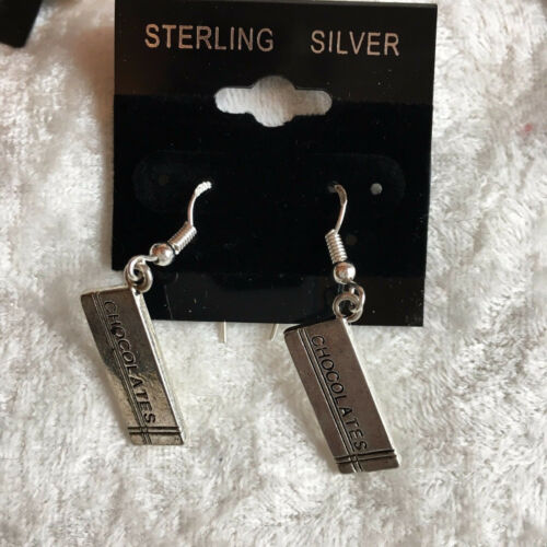Silvertone Box of Chocolates Charm Dangle Earrings With Sterling Silver Hooks