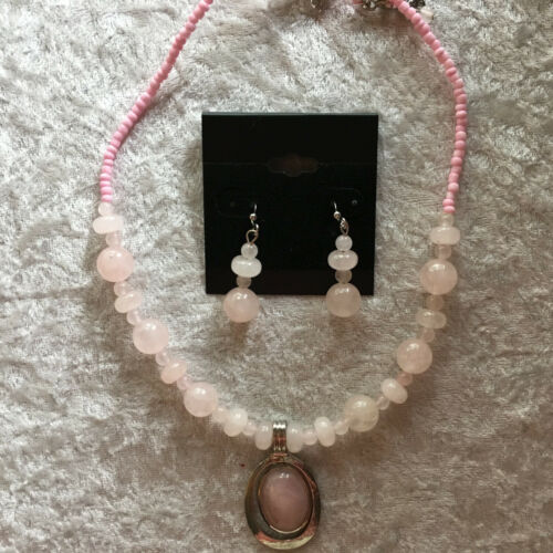 natural rose quartz gemstone beaded necklace and dangle earrings set