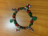 Christmas Red and Green Beaded Stretch Charm Bracelet Tree, Stocking, Candy Cane
