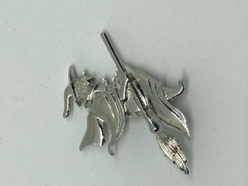silver halloween witch on broom pin brooch