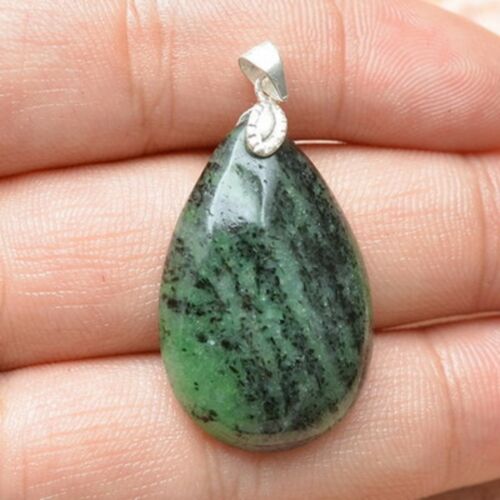 Natural Ruby Zoisite Gemstone Carved Teardrop Sterling Silver Pendant