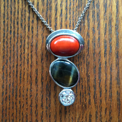 carnelian tiger eye and clear quartz gemstone sterling silver pendant