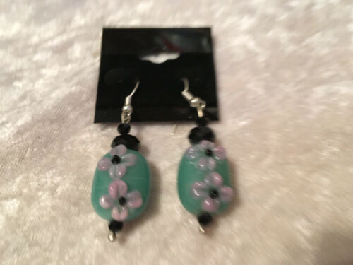 pink and blue lampworked glass flowers dangle earrings
