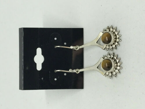 Natural Tiger Eye Gemstone Round Cabochon Sterling Silver Dangle Earrings