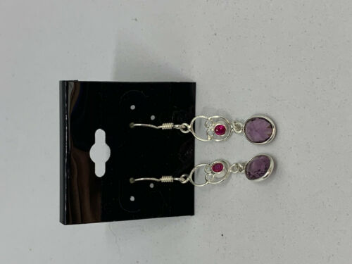 Natural Amethyst and Rubylite Gemstone Dainty Sterling Silver Dangle Earrings