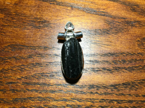 natural rough black tourmaline gemstone sterling silver pendant