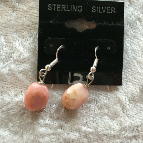 natural pink opal gemstone faceted oval sterling silver dangle earrings