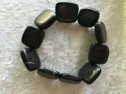 Natural Blackstone Gemstone Large Squares Beaded Stretch Bracelet
