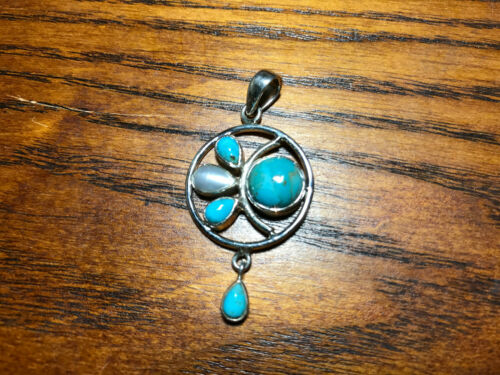 Natural Turquoise and Pearl Gemstone Sterling Silver Pendant