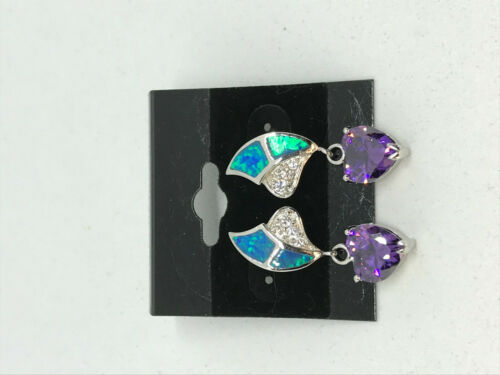 Natural Opal and Amethyst Gemstone Heart Sterling Silver Dangle Earrings