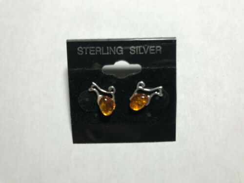 Natural Baltic Amber Gemstone Dog Sterling Silver Stud Earrings