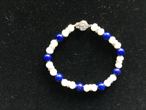 Natural Blue Sodalite and White Pearl Gemstone 7 Inch Beaded Bracelet