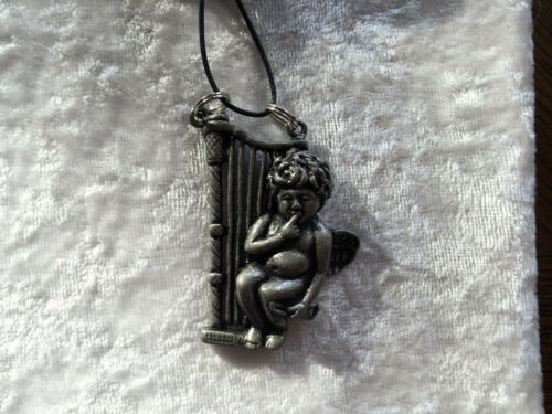 silvertone cherub with harp pendant on adjustable black cord necklace