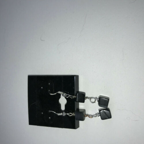 Natural Obsidian Gemstone Cubes Sterling Silver Dangle Earrings