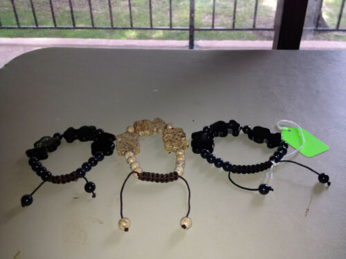 Carved Gemstone Teddy Bear Adjustable Macrame Bracelets, onyx or picture Jasper