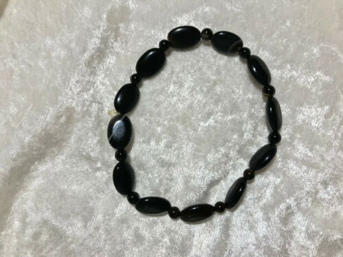 Natural Black Agate Gemstone Dainty Ovals Beaded Stretch Bracelet