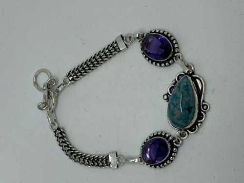 Natural Blue Lace Agate & Amethyst Gemstone Sterling Silver Adjustable Bracelet