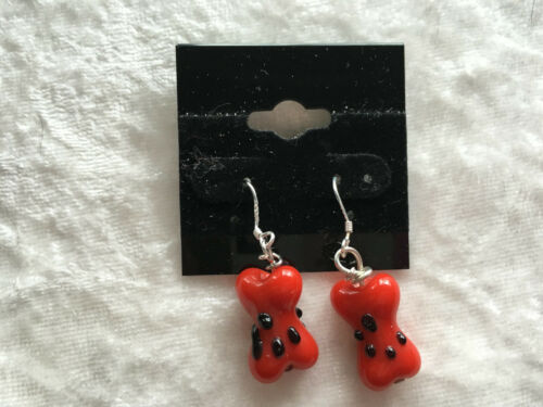 Dog Bone with Paw Print Design Lampworked Glass Dangle Earrings Pet Lover Gift