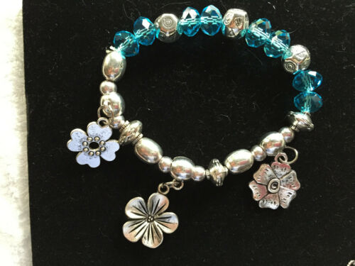 Aqua Glass Beaded Stretch Flower Charm Bracelet