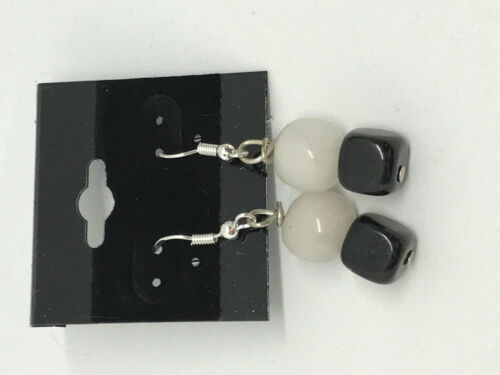 natural blackstone and snow quartz gemstone sterling silver dangle earrings