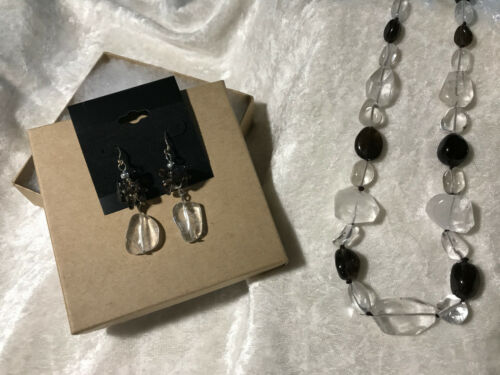 Clear and Smoky Quartz Tumbled Gemstone Beaded Necklace and Dangle Earrings Set